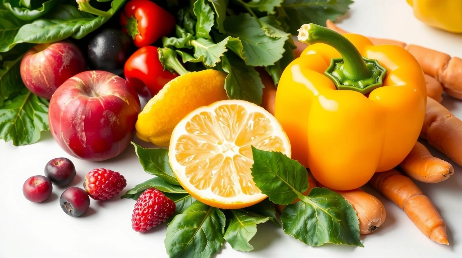 Assortiment coloré de fruits et légumes frais riches en vitamines