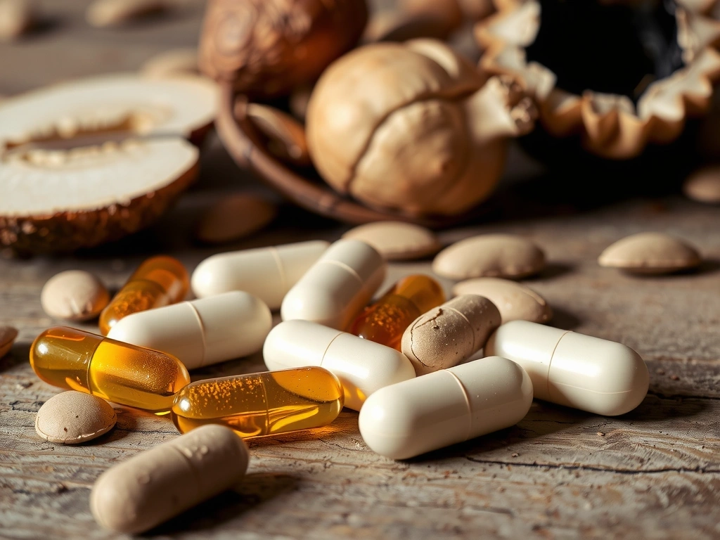 Gros plan sur des gélules de sélénium et des aliments riches en sélénium comme des noix du Brésil et des champignons.