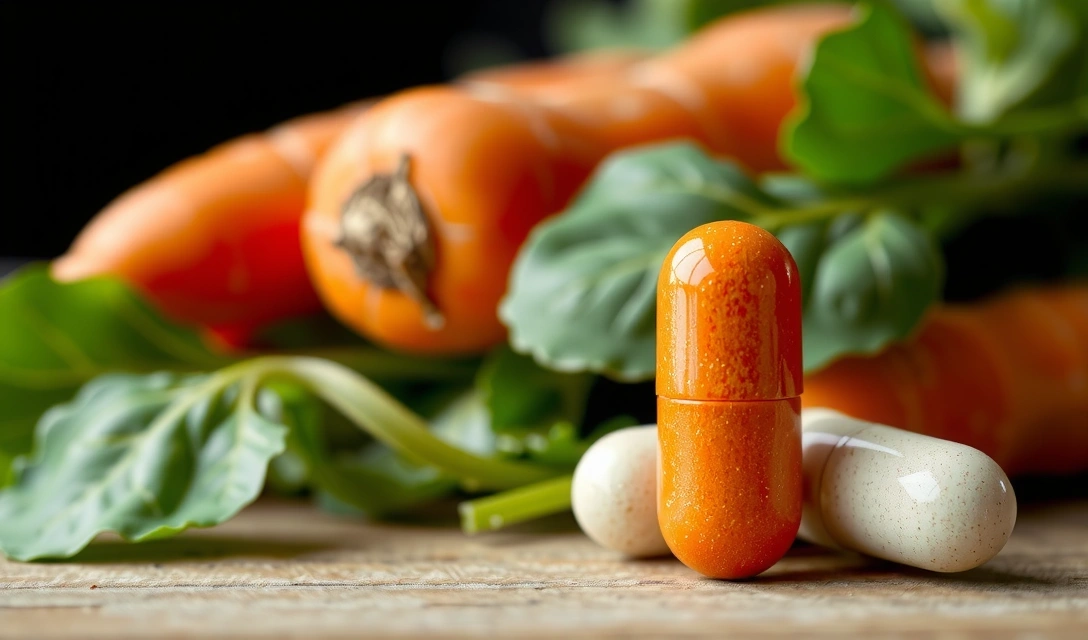 Gros plan sur une capsule de vitamine A avec des carottes et des épinards en arrière-plan